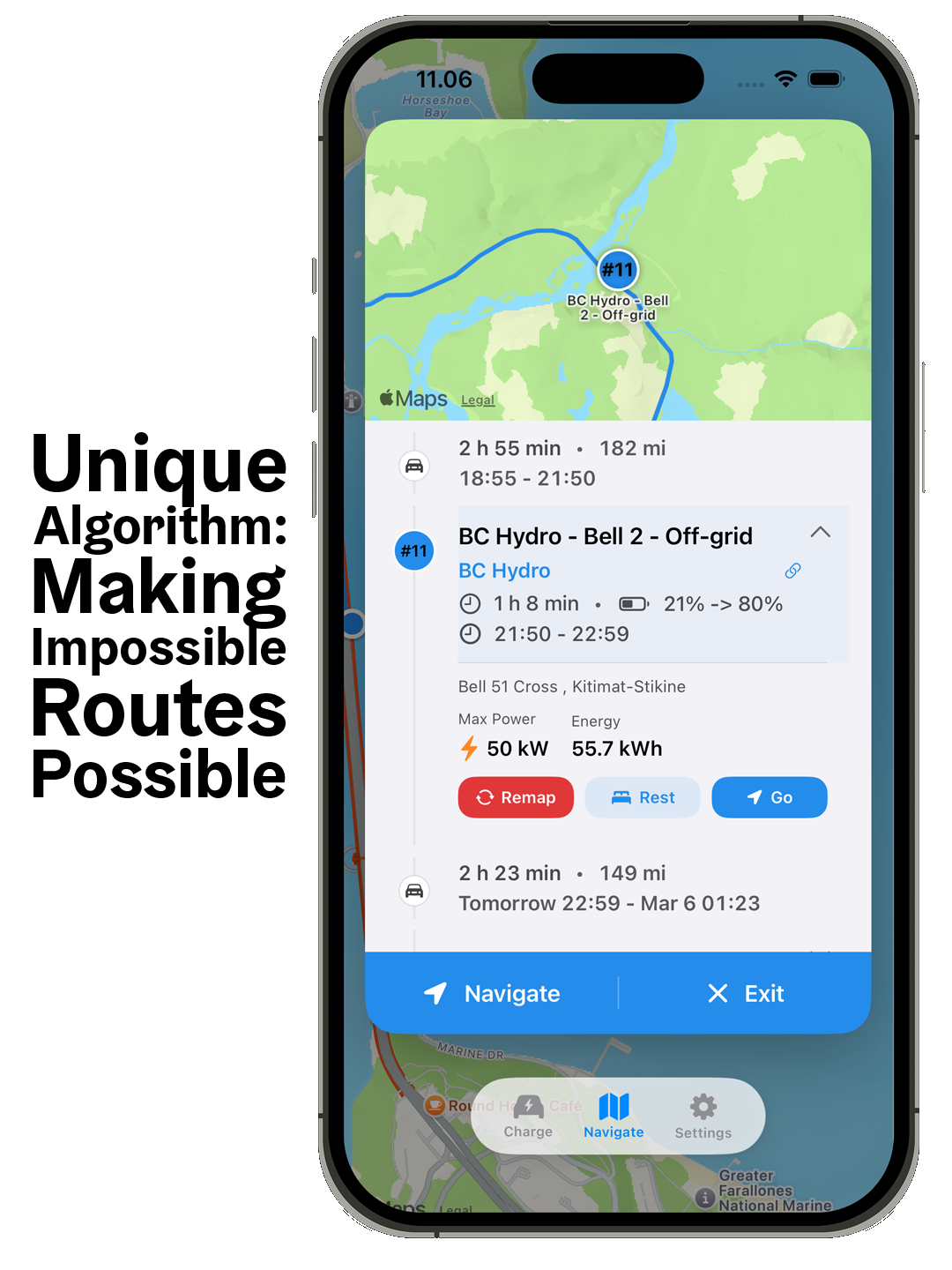 RoadToaster App Store screenshot showing charger search and route options.