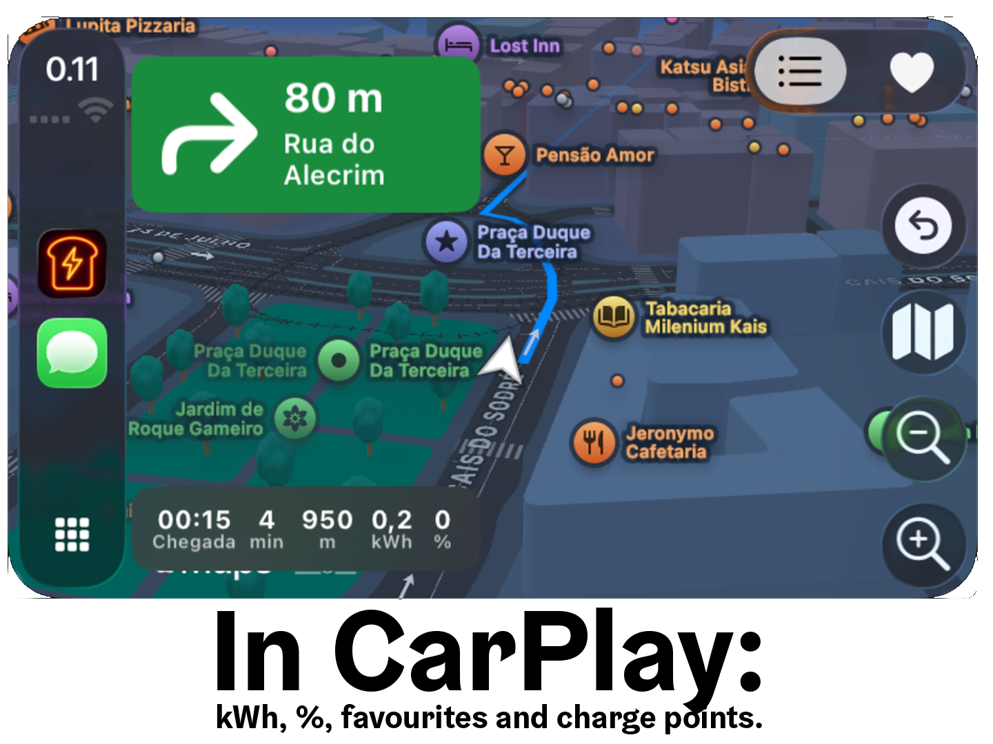 RoadToaster App Store screenshot showing the landscape CarPlay navigation view.